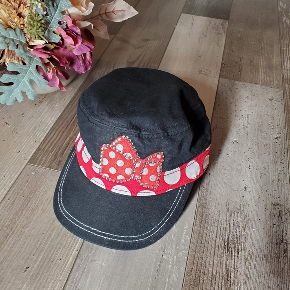 Minnie Mouse Hat Disney Parks Cap Cadet Red Polka Dot Bow Black Cotton Strapback - Picture 2 of 14